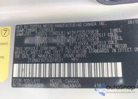 2005 Lexus Rx z USA, uszkodzony, nr VIN 2T2HA31U75C078531